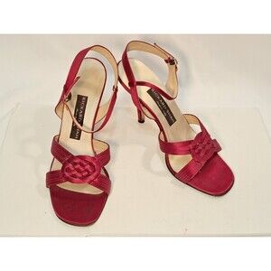 Rickard Shah Size 40 EU/9 US Open-Toe  Satin Heels Sandals Red 4" Stiletto